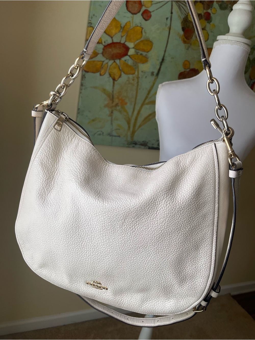 Coach White Pebbled Leather Shoulder Bag with Gold Chain Accents